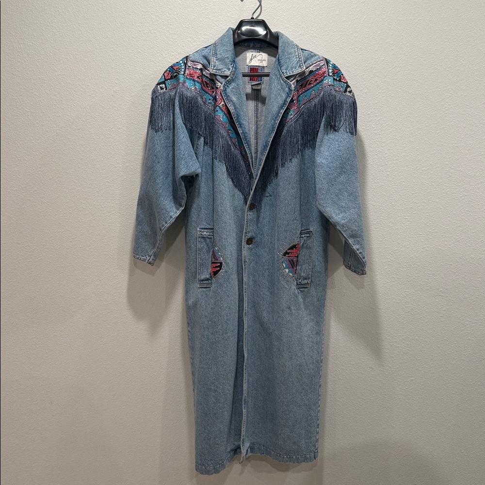 Vintage 90s #Denim Fringe Trench • Aztec #Western Jacket • FREE SHIPPING - Picture 2 of 16